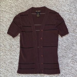 Brown short-sleeve Dex cardigan laser-cut detail